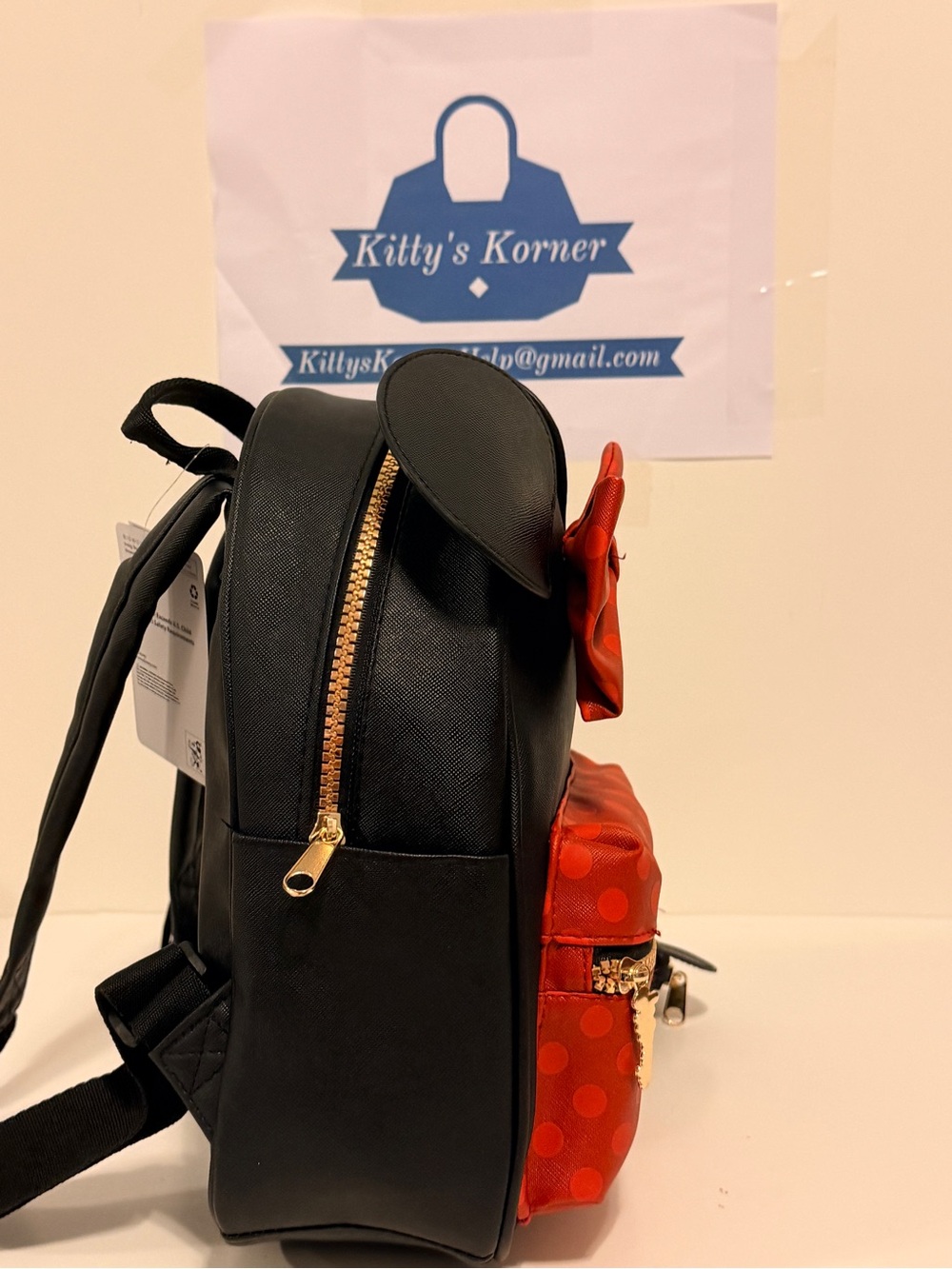 NWT Disney Minnie Mouse Mini Faux Leather Backpack Black/Red Polka Dot Bow Zip - Picture 4 of 8